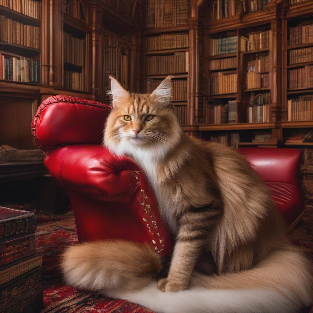  Painting, a beautiful ((ginger Maine Coon cat)), lies on a ((beautiful red, leather sofa)) in an ((English study with fireplace)), with a ((library)), oil painting, ((impressionist style)), in the style of Paul Cézanne, high detail in brush strokes. hyperrealistic, full body, detailed clothing, highly detailed, cinematic lighting, stunningly beautiful, intricate, sharp focus, f/1. 8, 85mm, (centered image composition), (professionally color graded), ((bright soft diffused light)), volumetric fog, trending on instagram, trending on tumblr, HDR 4K, 8K