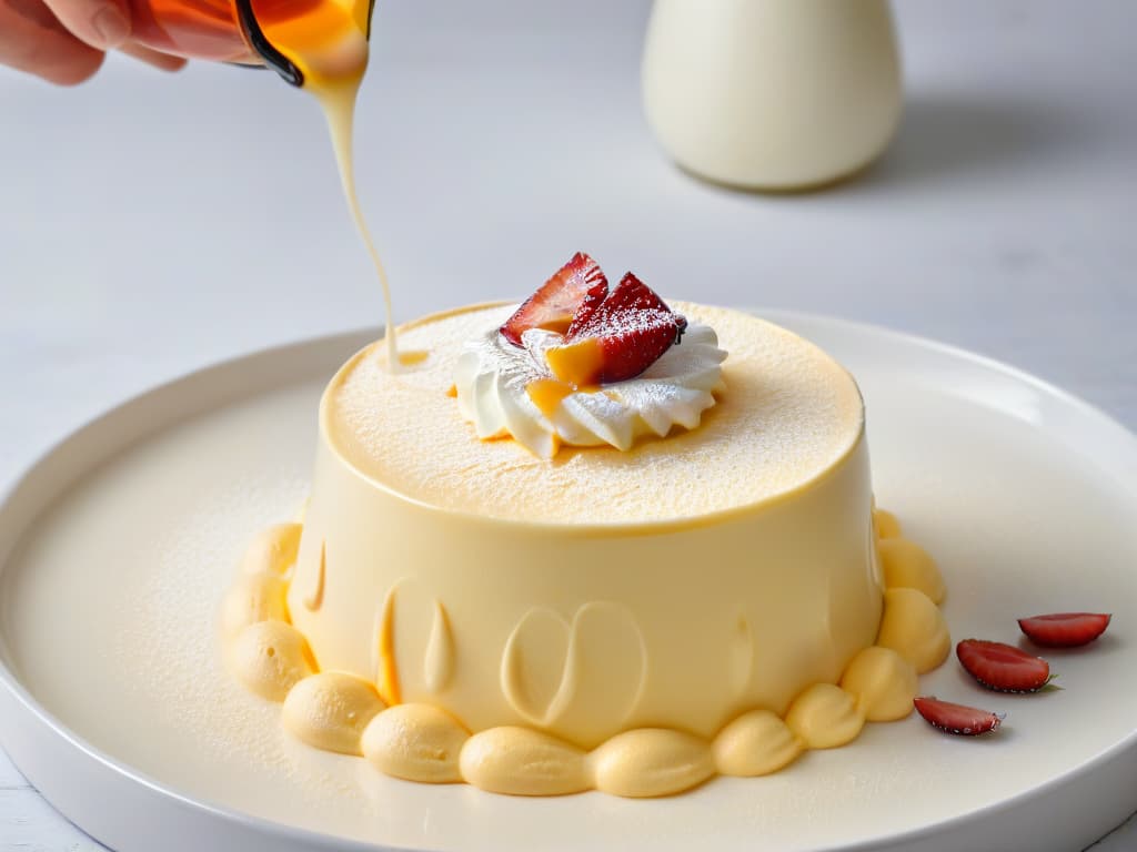  An ultradetailed closeup image of a perfectly smooth and creamy custard being poured onto a dessert, showcasing the flawless texture achieved through the use of thickeners in pastry making. The custard is a rich, golden hue, glistening under a soft, warm light, with no visible lumps or imperfections, embodying the essence of a perfectly thickened sauce. The image captures the moment of pour, with the custard cascading elegantly over the dessert, creating a visually stunning and appetizing display of culinary expertise in achieving the perfect texture. hyperrealistic, full body, detailed clothing, highly detailed, cinematic lighting, stunningly beautiful, intricate, sharp focus, f/1. 8, 85mm, (centered image composition), (professionally color graded), ((bright soft diffused light)), volumetric fog, trending on instagram, trending on tumblr, HDR 4K, 8K