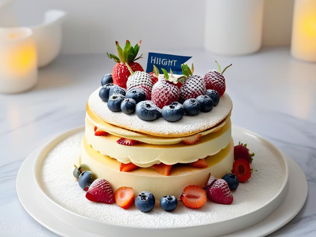  A highresolution image of a beautifully crafted rainbowcolored unicorn pancake stack topped with edible glitter and surrounded by fresh berries, served on a modern white plate against a clean, marble countertop backdrop. hyperrealistic, full body, detailed clothing, highly detailed, cinematic lighting, stunningly beautiful, intricate, sharp focus, f/1. 8, 85mm, (centered image composition), (professionally color graded), ((bright soft diffused light)), volumetric fog, trending on instagram, trending on tumblr, HDR 4K, 8K