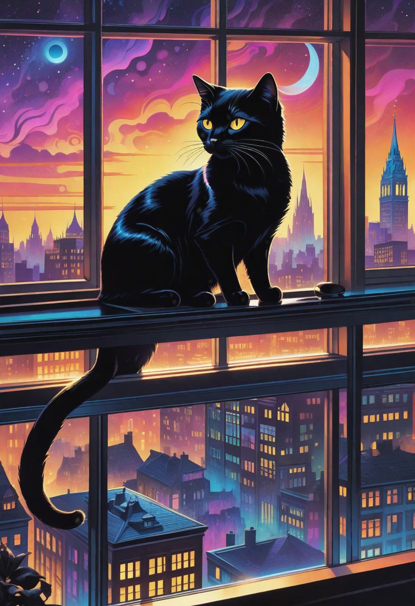  1. A sleek black cat gracefully perched on a windowsill, its iridescent eyes glowing with mystique, reflecting the vibrant colors of a cityscape at twilight. Ferrofluid-like tendrils of silvery liquid flow from its paws, imbuing the scene with an otherworldly, magnetic allure.

2. In a dimly lit room, a cat with velvety midnight fur sits amidst an arrangement of modern art sculptures. As the faint light catches on its coat, it reveals mesmerizing ripples and patterns reminiscent of ferrofluid. The room is awash with an ethereal, moody ambiance, enhancing the enigmatic aura of the feline.

3. Bathed in moonlight, a cat with lustrous obsidian fur explores a secret garden adorned with vibrant blooms. Its fur shimmers with a ferrofluid-inspired hyperrealistic, full body, detailed clothing, highly detailed, cinematic lighting, stunningly beautiful, intricate, sharp focus, f/1. 8, 85mm, (centered image composition), (professionally color graded), ((bright soft diffused light)), volumetric fog, trending on instagram, trending on tumblr, HDR 4K, 8K