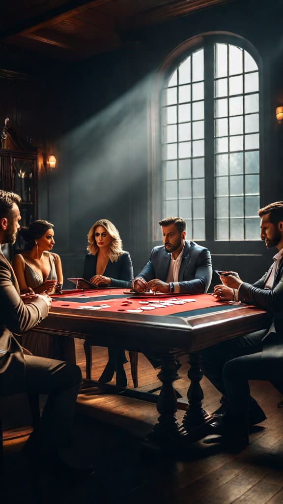  In a dimly lit room, a group of strangers sits around a table, tense and apprehensive. Each of them is holding a set of cards. Their expressions betray a mix of determination and nervousness. hyperrealistic, full body, detailed clothing, highly detailed, cinematic lighting, stunningly beautiful, intricate, sharp focus, f/1. 8, 85mm, (centered image composition), (professionally color graded), ((bright soft diffused light)), volumetric fog, trending on instagram, trending on tumblr, HDR 4K, 8K