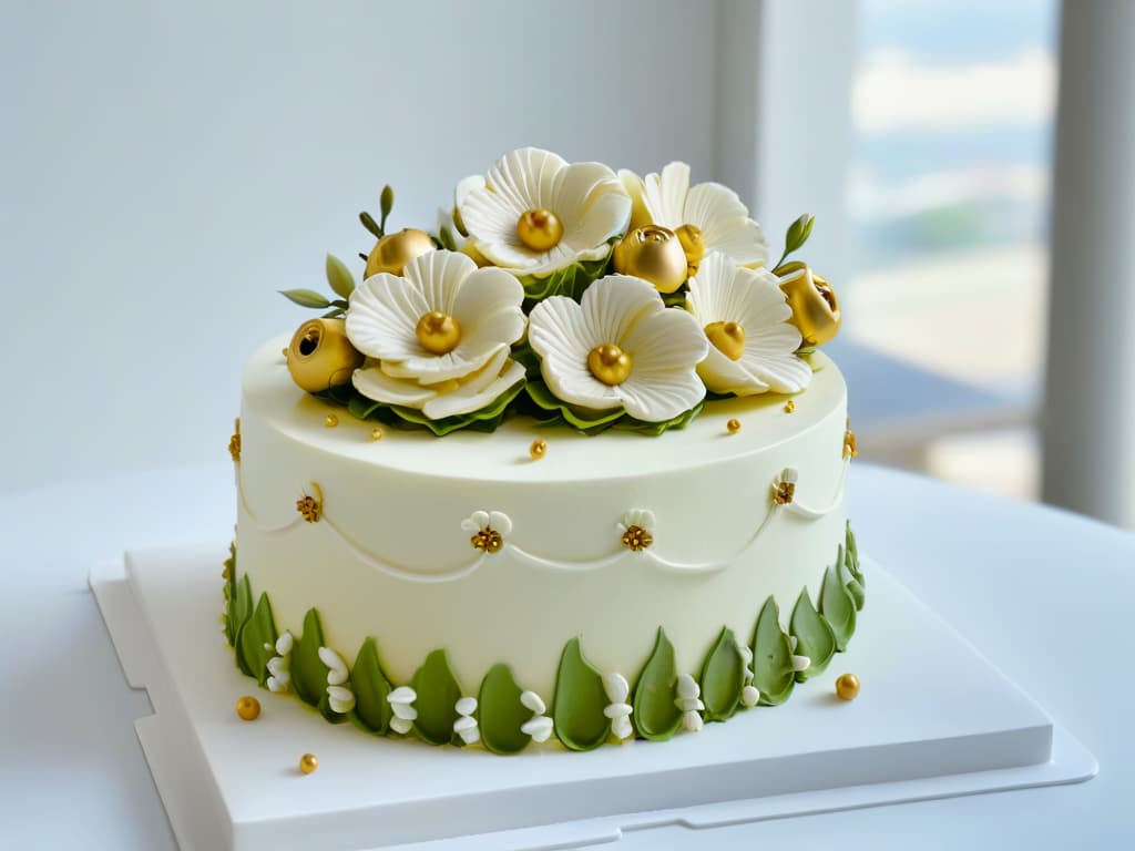  An ultradetailed, minimalistic image of a beautifully decorated threetiered cake, showcasing intricate piping work, delicate fondant flowers, and shimmering gold accents. The cake is displayed on a sleek, white marble cake stand, set against a soft, blurred background to emphasize the precision and artistry of the pastry creation. The lighting is soft and diffused, highlighting the fine details and craftsmanship of the cake, making it a visually captivating and aspirational image for aspiring pastry chefs seeking online certifications in the art of baking and cake decoration. hyperrealistic, full body, detailed clothing, highly detailed, cinematic lighting, stunningly beautiful, intricate, sharp focus, f/1. 8, 85mm, (centered image composition), (professionally color graded), ((bright soft diffused light)), volumetric fog, trending on instagram, trending on tumblr, HDR 4K, 8K