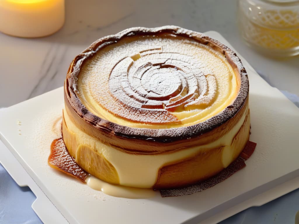  An ultradetailed closeup image of a perfectly goldenbrown pastel de nata, with delicate layers of flaky pastry visible, topped with a dusting of cinnamon and powdered sugar. The creamy custard filling should be slightly oozing out, showcasing its rich texture, and the surface of the pastel should be adorned with a beautifully caramelized top, adding a touch of decadence. The lighting in the image should be soft yet highlighting all the intricate details, making the viewer almost able to taste the crispy, creamy, and sweet flavors of this iconic Portuguese dessert. hyperrealistic, full body, detailed clothing, highly detailed, cinematic lighting, stunningly beautiful, intricate, sharp focus, f/1. 8, 85mm, (centered image composition), (professionally color graded), ((bright soft diffused light)), volumetric fog, trending on instagram, trending on tumblr, HDR 4K, 8K