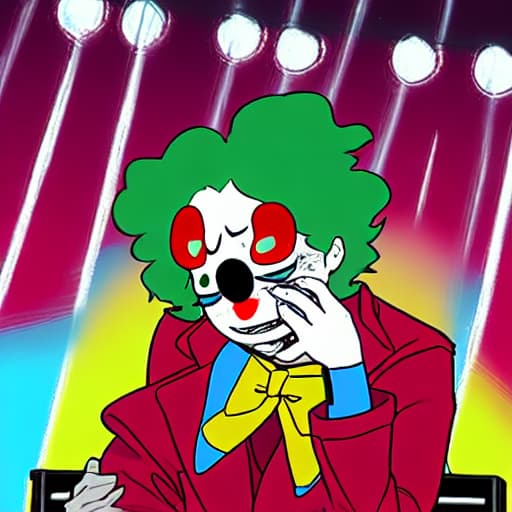  Sad clown crying on stage while other people are applauding him.