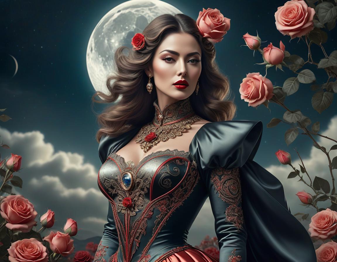  surrealist art An elaborate digital artwork of a woman in vintage attire with roses and a lunar backdrop. . dreamlike, mysterious, provocative, symbolic, intricate, detailed hyperrealistic, full body, detailed clothing, highly detailed, cinematic lighting, stunningly beautiful, intricate, sharp focus, f/1. 8, 85mm, (centered image composition), (professionally color graded), ((bright soft diffused light)), volumetric fog, trending on instagram, trending on tumblr, HDR 4K, 8K