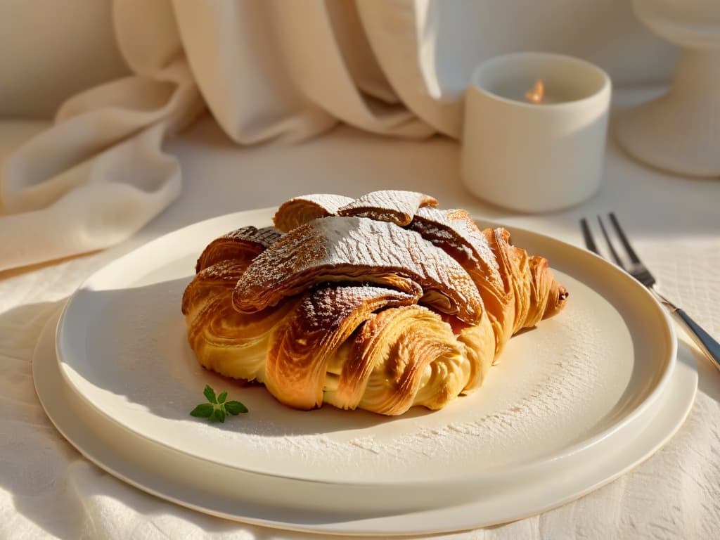  An ultradetailed, minimalist image of a perfectly goldenbrown, flaky croissant resting on a delicate porcelain plate, accompanied by a vintage silver fork with intricate engravings. The background is a softfocus pastelcolored kitchen setting with a hint of morning sunlight filtering through a lace curtain, casting a warm glow on the pastry. hyperrealistic, full body, detailed clothing, highly detailed, cinematic lighting, stunningly beautiful, intricate, sharp focus, f/1. 8, 85mm, (centered image composition), (professionally color graded), ((bright soft diffused light)), volumetric fog, trending on instagram, trending on tumblr, HDR 4K, 8K