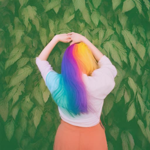 analog style A circle where a girl has hair in rainbow color with different color of leaves and straight posture