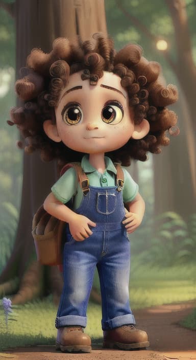  {The tree with a twinkling eye, while its leaves gently rustle., Riley, a curious with big brown eyes and curly hair, wearing overalls and carrying a small backpack. Their friend, Skye, a bluebird with shiny feathers.