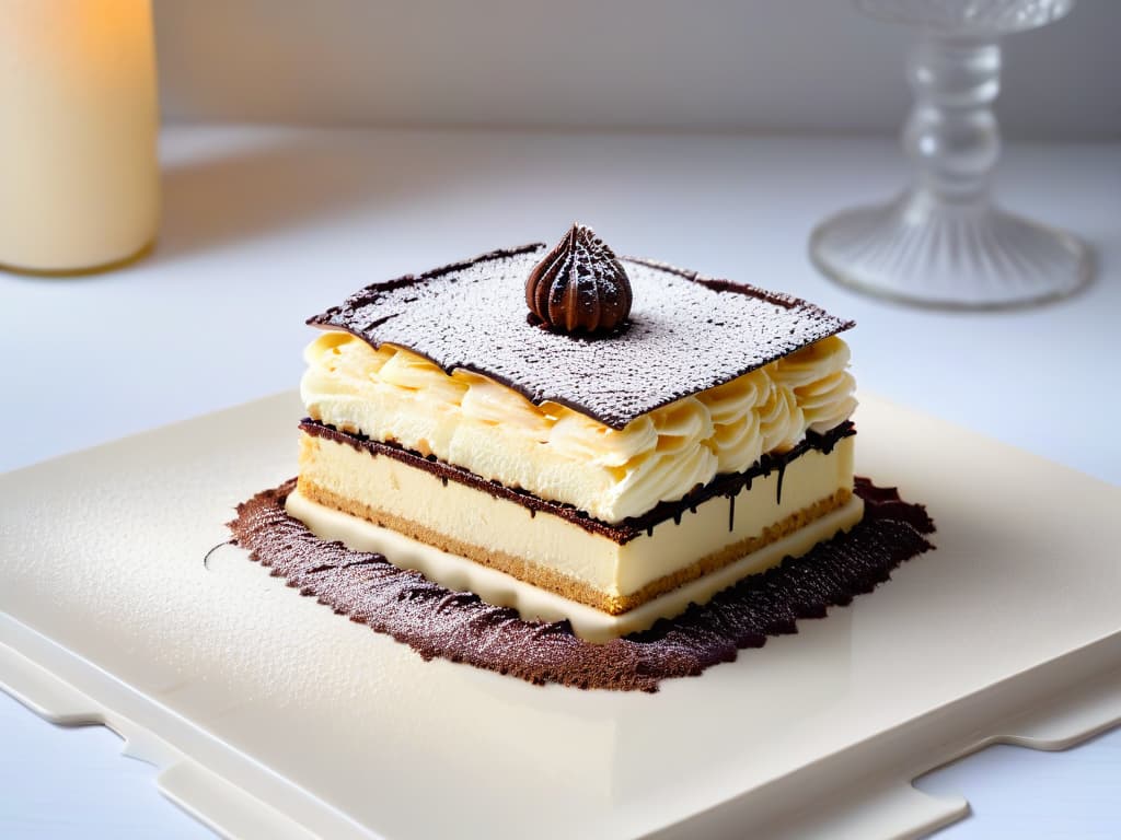  An elegant and minimalistic closeup image of a delicate tiramisu dessert, showcasing layers of mascarpone cream and coffeesoaked ladyfingers, dusted with a light sprinkle of cocoa powder. The presentation is on a pristine white plate, emphasizing the smooth texture and creamy richness of the mascarpone cheese. The soft lighting highlights the subtle details and enhances the luxurious feel of this classic Italian dessert. hyperrealistic, full body, detailed clothing, highly detailed, cinematic lighting, stunningly beautiful, intricate, sharp focus, f/1. 8, 85mm, (centered image composition), (professionally color graded), ((bright soft diffused light)), volumetric fog, trending on instagram, trending on tumblr, HDR 4K, 8K