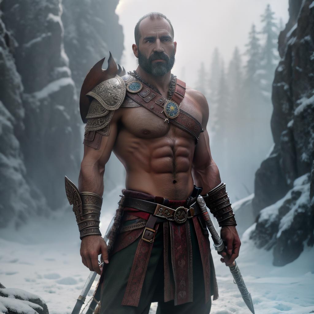  God of war hyperrealistic, full body, detailed clothing, highly detailed, cinematic lighting, stunningly beautiful, intricate, sharp focus, f/1. 8, 85mm, (centered image composition), (professionally color graded), ((bright soft diffused light)), volumetric fog, trending on instagram, trending on tumblr, HDR 4K, 8K