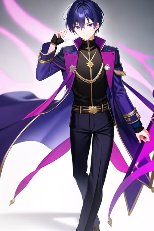  Medival mage male, dark blue short hair, purple eyes, long sleeve, long pant, fingerless glove, coat jacket