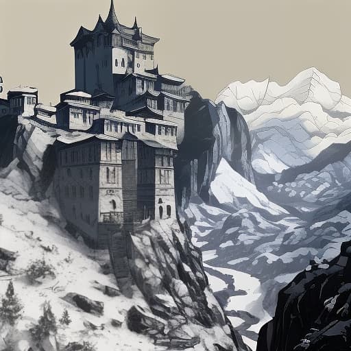  Monastery in the mountains., Indie game art, (Vector Art, Borderlands style, Arcane style, Cartoon style), Line art, Disctinct features, Hand drawn, Technical illustration, Graphic design, Vector graphics, High contrast, Precision artwork, Linear compositions, Scalable artwork, Digital art, cinematic sensual, Sharp focus, humorous illustration, big depth of field, Masterpiece, trending on artstation, Vivid colors, trending on ArtStation, trending on CGSociety, Intricate, Low Detail, dramatic hyperrealistic, full body, detailed clothing, highly detailed, cinematic lighting, stunningly beautiful, intricate, sharp focus, f/1. 8, 85mm, (centered image composition), (professionally color graded), ((bright soft diffused light)), volumetric fog, trending on instagram, trending on tumblr, HDR 4K, 8K