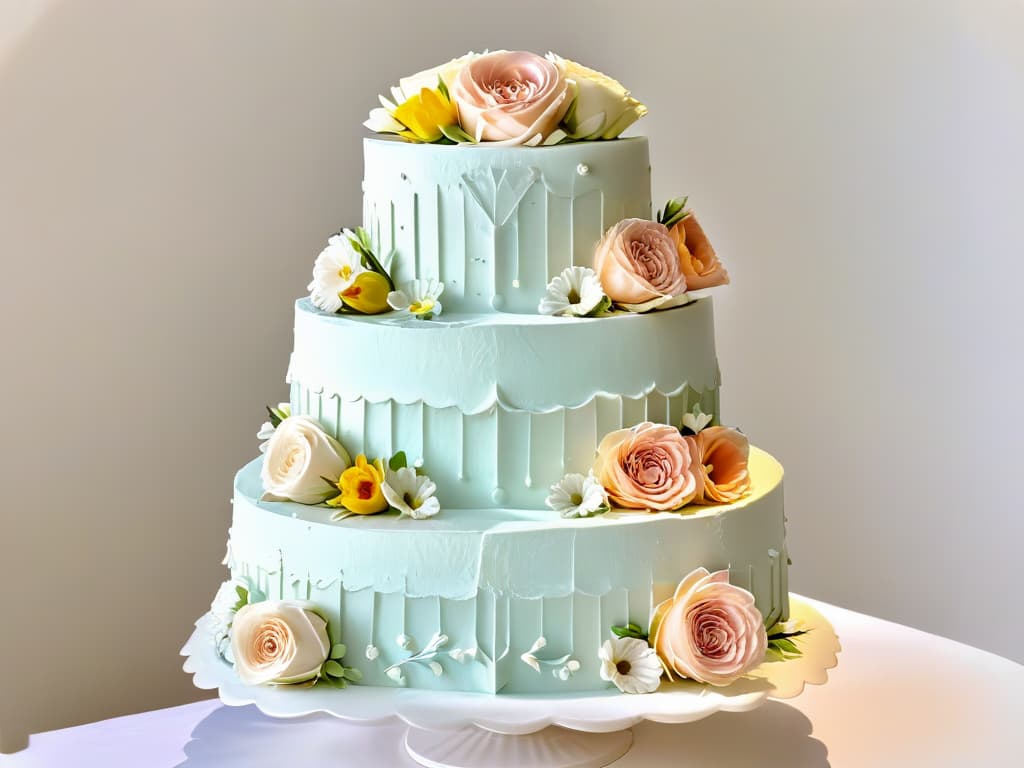  A closeup, highresolution image of a perfectly frosted and elegantly decorated multitiered wedding cake, featuring intricate floral piping details in pastel colors, set against a clean, white background to emphasize the artistry and craftsmanship of the pastry chef. hyperrealistic, full body, detailed clothing, highly detailed, cinematic lighting, stunningly beautiful, intricate, sharp focus, f/1. 8, 85mm, (centered image composition), (professionally color graded), ((bright soft diffused light)), volumetric fog, trending on instagram, trending on tumblr, HDR 4K, 8K