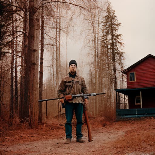 analog style A man in plain clothes holding a rifle, covered in blood, standing in front of a wooden house.