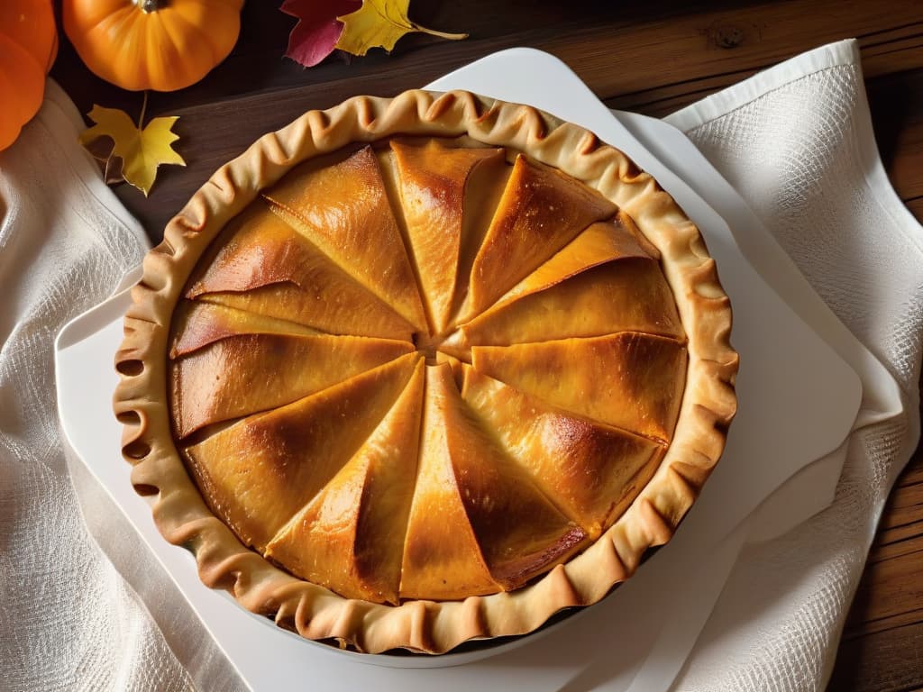  A closeup, ultradetailed image of a freshly baked pumpkin pie cooling on a rustic wooden table. The pie is perfectly golden brown with a flaky, buttery crust and a sprinkle of cinnamon on top. Steam is gently rising from the pie, emphasizing its warmth and inviting aroma. The table is adorned with a simple linen napkin and a small ceramic plate with a vintage fork resting beside the pie, creating a cozy and appetizing scene that evokes feelings of tradition and homecooked comfort. hyperrealistic, full body, detailed clothing, highly detailed, cinematic lighting, stunningly beautiful, intricate, sharp focus, f/1. 8, 85mm, (centered image composition), (professionally color graded), ((bright soft diffused light)), volumetric fog, trending on instagram, trending on tumblr, HDR 4K, 8K