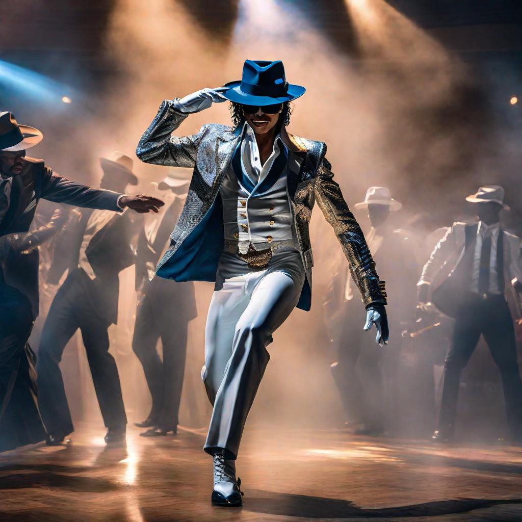  Michael Jackson bailando smooth criminal hyperrealistic, full body, detailed clothing, highly detailed, cinematic lighting, stunningly beautiful, intricate, sharp focus, f/1. 8, 85mm, (centered image composition), (professionally color graded), ((bright soft diffused light)), volumetric fog, trending on instagram, trending on tumblr, HDR 4K, 8K