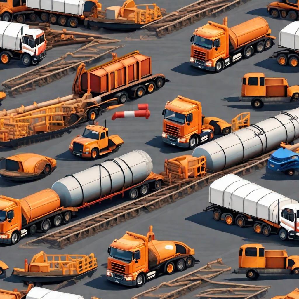  A few flatbed vehicles are moored at the dock, bulk carriers are lifting steel pipes, and the dock is busy. close-up, realistic style