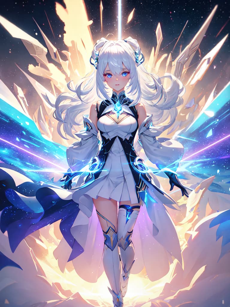  1girl, white hair, symbol shaped pupils, space goddess, galaxy, light particles, light rays, wallpaper, high contrast, colorful, hyperrealistic, full body, detailed clothing, highly detailed, cinematic lighting, stunningly beautiful, intricate, sharp focus, f/1. 8, 85mm, (centered image composition), (professionally color graded), ((bright soft diffused light)), volumetric fog, trending on instagram, trending on tumblr, HDR 4K, 8K