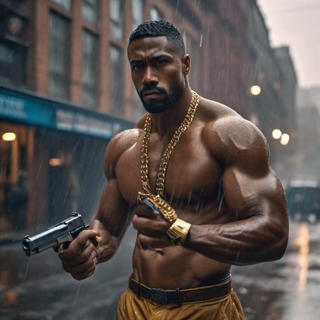  extremely muscular young black man wearing excessive gold-jewelry standing (topless) in a city-street in the rain. His arm is stretched-out (outstretched) as he holds a handgun (aiming the pistol-gun), wide-shot, Style: cinematic, landscape. Wideshot,. Dramatic. hyperrealistic, full body, detailed clothing, highly detailed, cinematic lighting, stunningly beautiful, intricate, sharp focus, f/1. 8, 85mm, (centered image composition), (professionally color graded), ((bright soft diffused light)), volumetric fog, trending on instagram, trending on tumblr, HDR 4K, 8K