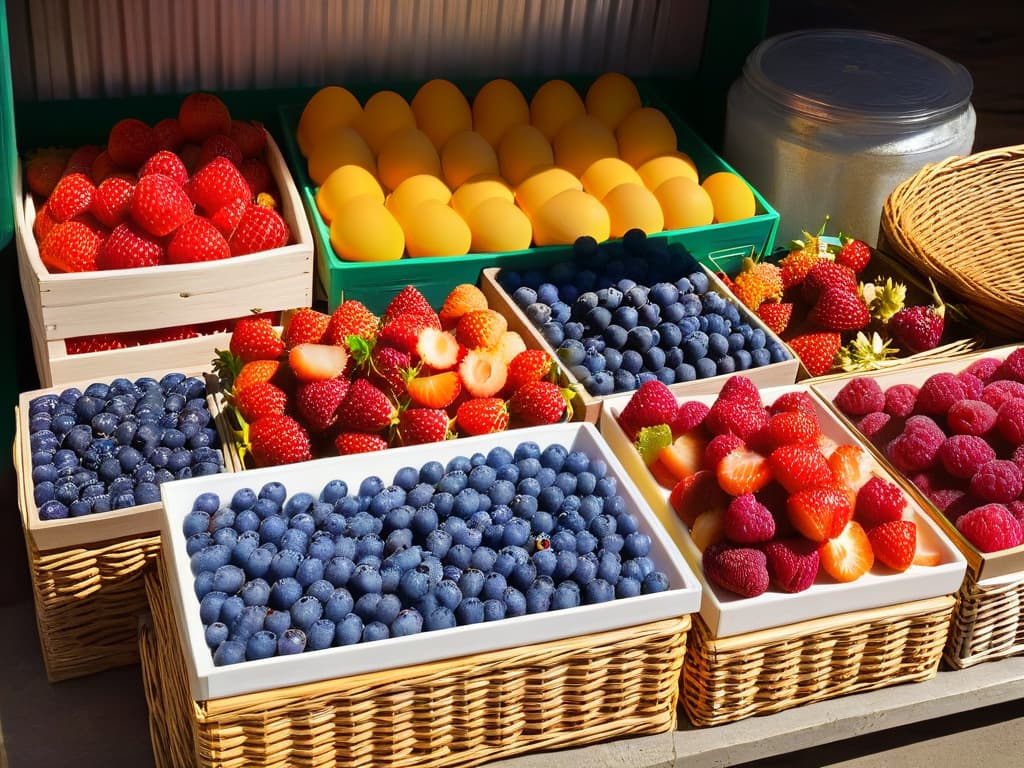  An ultradetailed, highresolution image of a vibrant farmers' market stall overflowing with colorful, freshly picked local fruits like strawberries, blueberries, and raspberries, alongside baskets of farmfresh eggs and jars of golden honey. The sunlight filters through the canopy, casting a warm, inviting glow over the scene, highlighting the natural beauty and freshness of the ingredients. The arrangement is artfully displayed on a rustic wooden table, creating a visually striking and appetizing image that perfectly embodies the essence of incorporating local ingredients into your baking recipes. hyperrealistic, full body, detailed clothing, highly detailed, cinematic lighting, stunningly beautiful, intricate, sharp focus, f/1. 8, 85mm, (centered image composition), (professionally color graded), ((bright soft diffused light)), volumetric fog, trending on instagram, trending on tumblr, HDR 4K, 8K