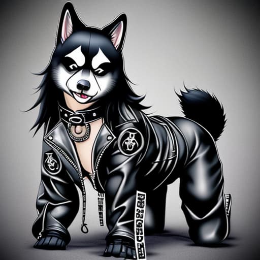  Shiba dog wearing biker leather jacket and corpse paint