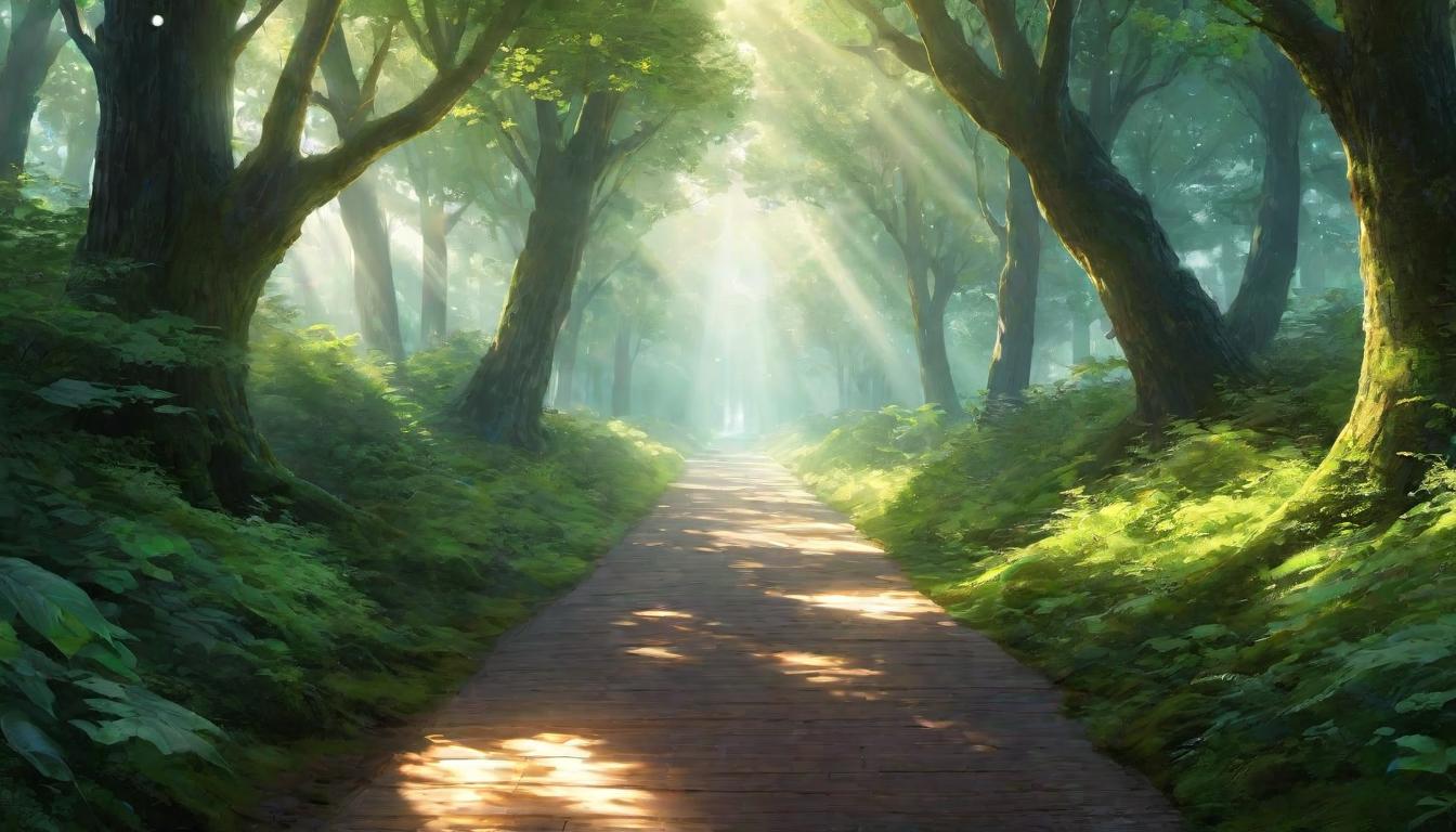  digital illustration A pathway flanked by towering trees, each emanating a soft glow, converging towards a radiant, welcoming light at the end, invitation, journey, crossing thresholds, ethereal beauty, moment of decision looking at viewer, dynamic pose, (intricate details, masterpiece, best quality)