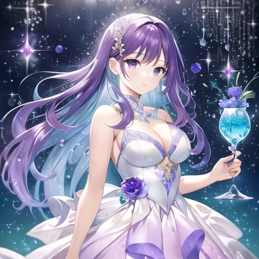  master piece , best quality,A pretty girl stands on a crystal clear glass cup. Sparkling water droplets and purple flowers float around her, against a pale blue background. Softly illuminated in a cartoon style, it features dreamy colors, pretty expressions, and delicate details.