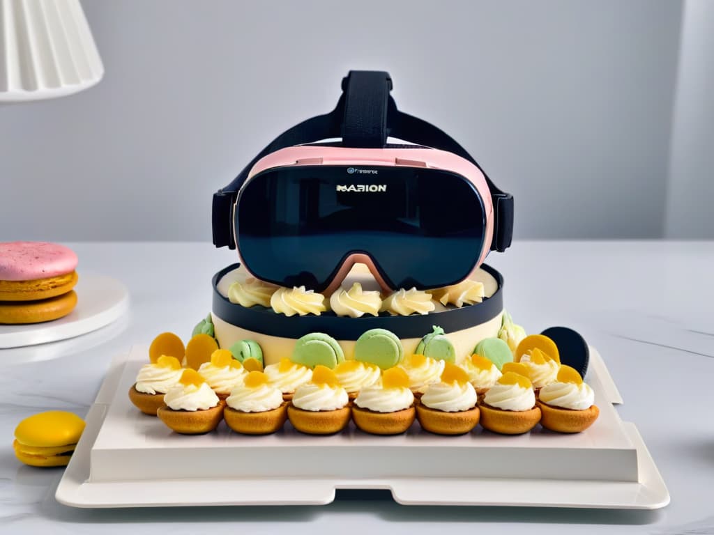  A highresolution, minimalist image of a virtual reality headset surrounded by floating, intricate dessert designs like macarons, cupcakes, and pastries. The sleek black VR headset stands out against a soft, blurred background, emphasizing the fusion of technology and the art of modern pastry making. hyperrealistic, full body, detailed clothing, highly detailed, cinematic lighting, stunningly beautiful, intricate, sharp focus, f/1. 8, 85mm, (centered image composition), (professionally color graded), ((bright soft diffused light)), volumetric fog, trending on instagram, trending on tumblr, HDR 4K, 8K