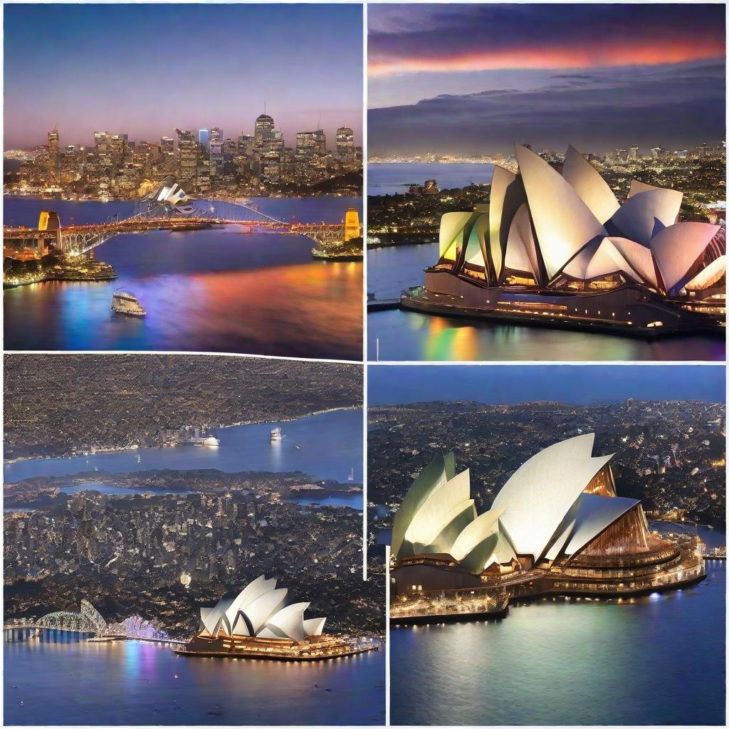  masterpiece, best quality, Sydney aurora, aerial view, Opera House on left, Sydney City Harbour on right