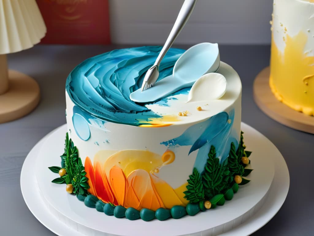  A closeup, ultradetailed photograph showcasing intricate brush strokes of vibrant edible paint delicately applied on a smooth fondant cake surface. The image captures the precision and artistry involved in using brushstroke techniques in pastry decoration, with each stroke showcasing a gradient of colors blending seamlessly to create a mesmerizing visual effect. The lighting highlights the texture of the brushstrokes and the glossy finish of the edible paint, emphasizing the skill and creativity required for such a meticulous culinary art form. hyperrealistic, full body, detailed clothing, highly detailed, cinematic lighting, stunningly beautiful, intricate, sharp focus, f/1. 8, 85mm, (centered image composition), (professionally color graded), ((bright soft diffused light)), volumetric fog, trending on instagram, trending on tumblr, HDR 4K, 8K