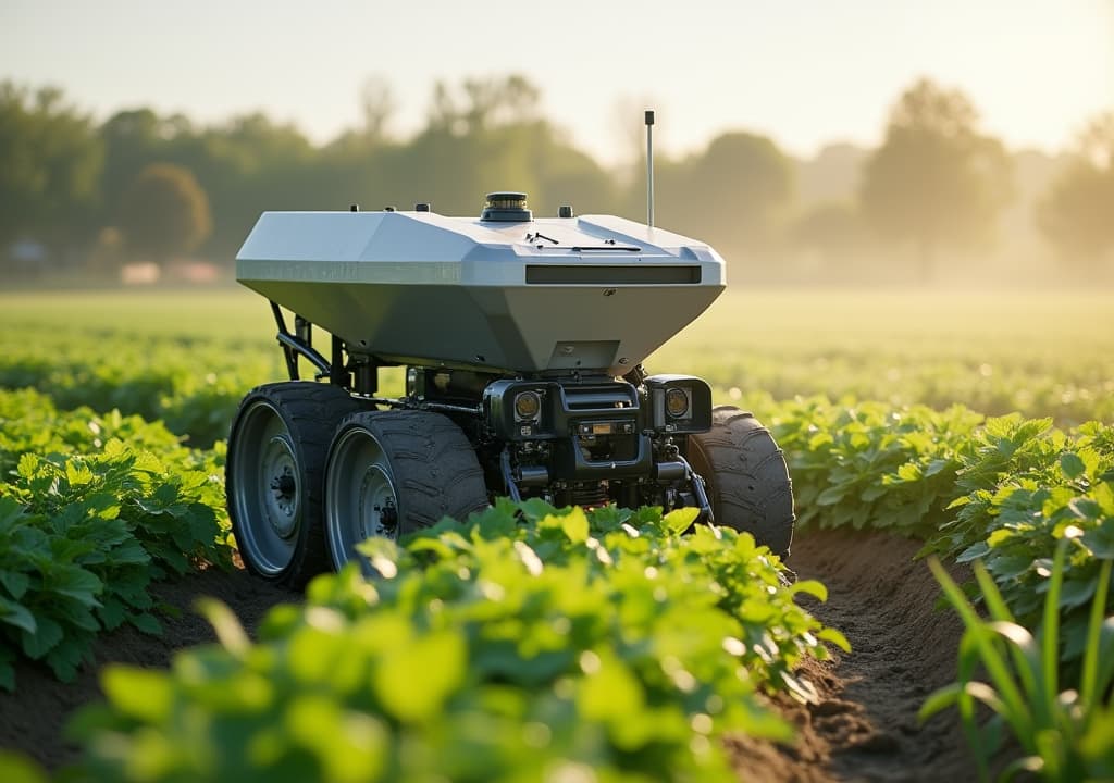  good quality, high quality, a robotic system automatically distributing fertilizers in a farm