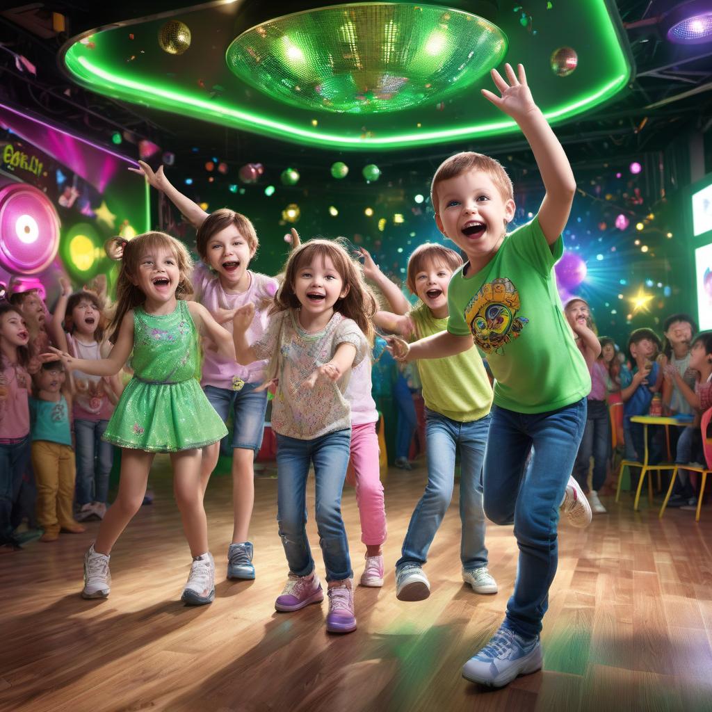  hyperrealistic art Greench is in the disco with the children. Joyfully, joyfully, enjoyably game activities for children. . extremely high-resolution details, photographic, realism pushed to extreme, fine texture, incredibly lifelike