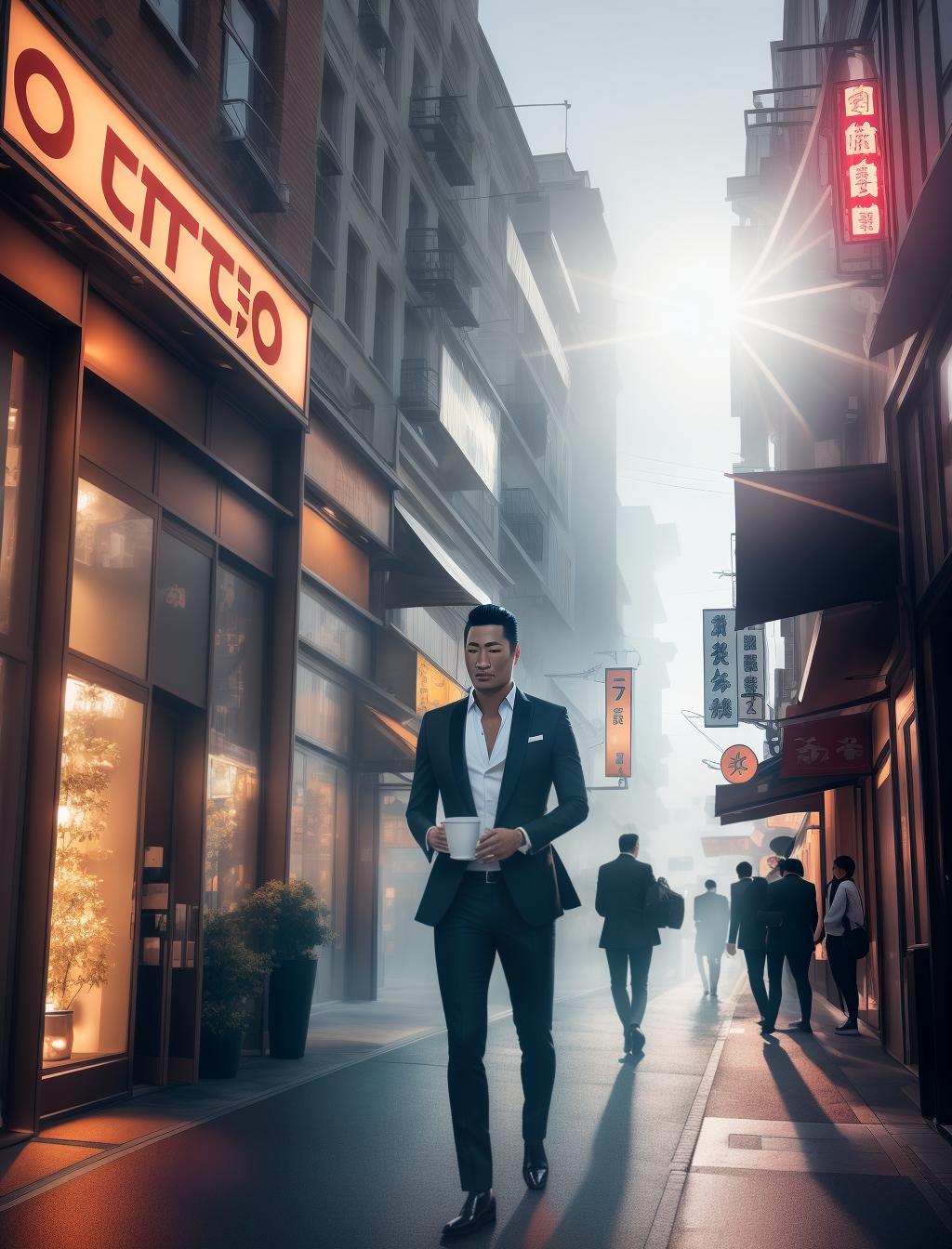  yakuza drinking coffee out in the streets late at night, (high detailed skin:1.2), 8k uhd, dslr, soft lighting, high quality, film grain, Fujifilm XT3 hyperrealistic, full body, detailed clothing, highly detailed, cinematic lighting, stunningly beautiful, intricate, sharp focus, f/1. 8, 85mm, (centered image composition), (professionally color graded), ((bright soft diffused light)), volumetric fog, trending on instagram, trending on tumblr, HDR 4K, 8K