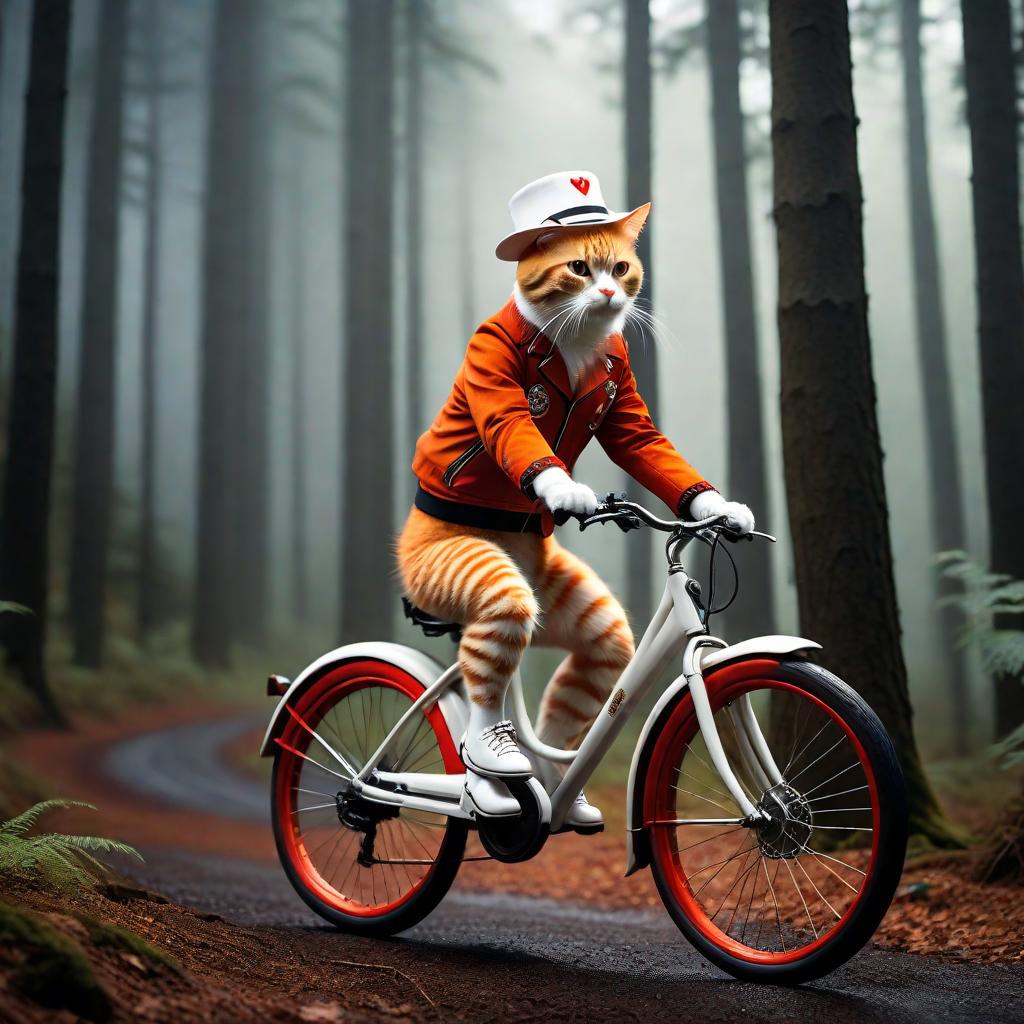  An orange cat with white hat and red shoes riding a bike in forest hyperrealistic, full body, detailed clothing, highly detailed, cinematic lighting, stunningly beautiful, intricate, sharp focus, f/1. 8, 85mm, (centered image composition), (professionally color graded), ((bright soft diffused light)), volumetric fog, trending on instagram, trending on tumblr, HDR 4K, 8K