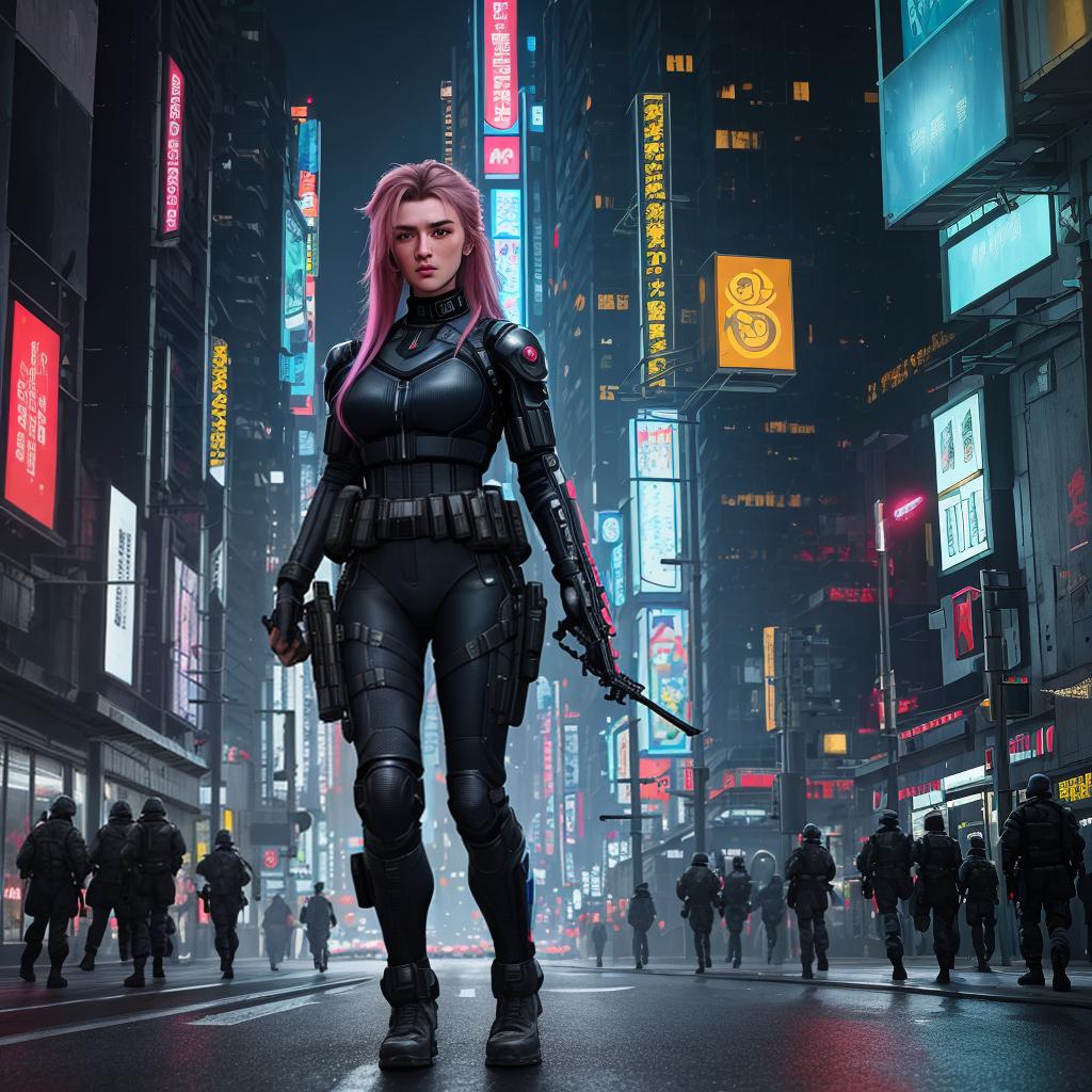  masterpiece, best quality, Best quality, masterpiece, 8k resolution, realistic, highly detailed, girl soldier. In a cyberpunk-style night scene of the city, he stands on a street lined with tall buildings. The city's night lights are bright, The surrounding buildings and streets are filled with cyberpunk elements such as neon lights, high-tech devices, and futuristic architectural designs.