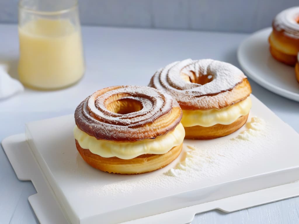  A closeup, highresolution image of a freshly baked cronut, showcasing its flaky croissant layers on the outside and the sugary, glazed donut texture on the inside. The pastry is perfectly golden brown, with a light dusting of powdered sugar on top, sitting on a sleek, modern plate against a soft, blurred background that highlights the intricate layers of the cronut. hyperrealistic, full body, detailed clothing, highly detailed, cinematic lighting, stunningly beautiful, intricate, sharp focus, f/1. 8, 85mm, (centered image composition), (professionally color graded), ((bright soft diffused light)), volumetric fog, trending on instagram, trending on tumblr, HDR 4K, 8K