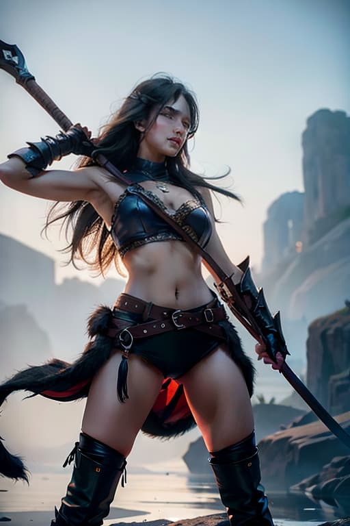  Beauty barbarian warrior hands axe Wolf skin hyperrealistic, full body, detailed clothing, highly detailed, cinematic lighting, stunningly beautiful, intricate, sharp focus, f/1. 8, 85mm, (centered image composition), (professionally color graded), ((bright soft diffused light)), volumetric fog, trending on instagram, trending on tumblr, HDR 4K, 8K