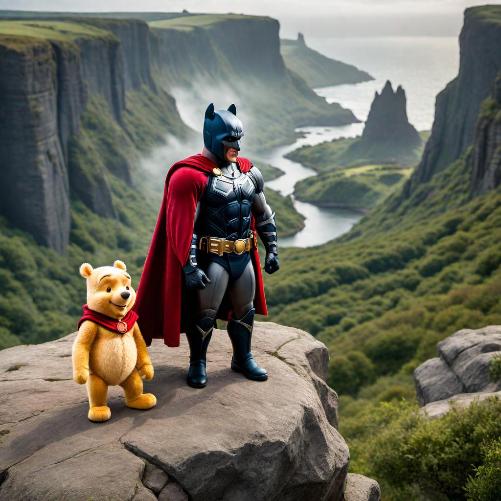  An image of Winnie the Pooh dressed as Thor, holding Mjölnir, standing heroically on a cliff next to Batman. Winnie the Pooh has Thor's helmet and cape, and Batman is looking up at him in surprise. hyperrealistic, full body, detailed clothing, highly detailed, cinematic lighting, stunningly beautiful, intricate, sharp focus, f/1. 8, 85mm, (centered image composition), (professionally color graded), ((bright soft diffused light)), volumetric fog, trending on instagram, trending on tumblr, HDR 4K, 8K