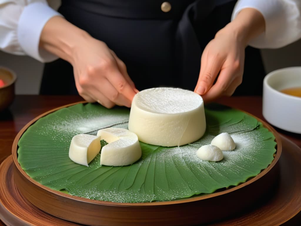  An ultradetailed closeup image of freshly made mochi being gently pressed into shape by skilled hands, showcasing the smooth, elastic texture of the rice cake. The hands are delicately dusted with a light sprinkling of powdered starch, emphasizing the traditional and meticulous process of mochi preparation. The soft natural lighting highlights the subtle contours and glossy finish of the mochi, creating a serene and visually captivating scene that embodies the essence of homemade mochi creation. hyperrealistic, full body, detailed clothing, highly detailed, cinematic lighting, stunningly beautiful, intricate, sharp focus, f/1. 8, 85mm, (centered image composition), (professionally color graded), ((bright soft diffused light)), volumetric fog, trending on instagram, trending on tumblr, HDR 4K, 8K