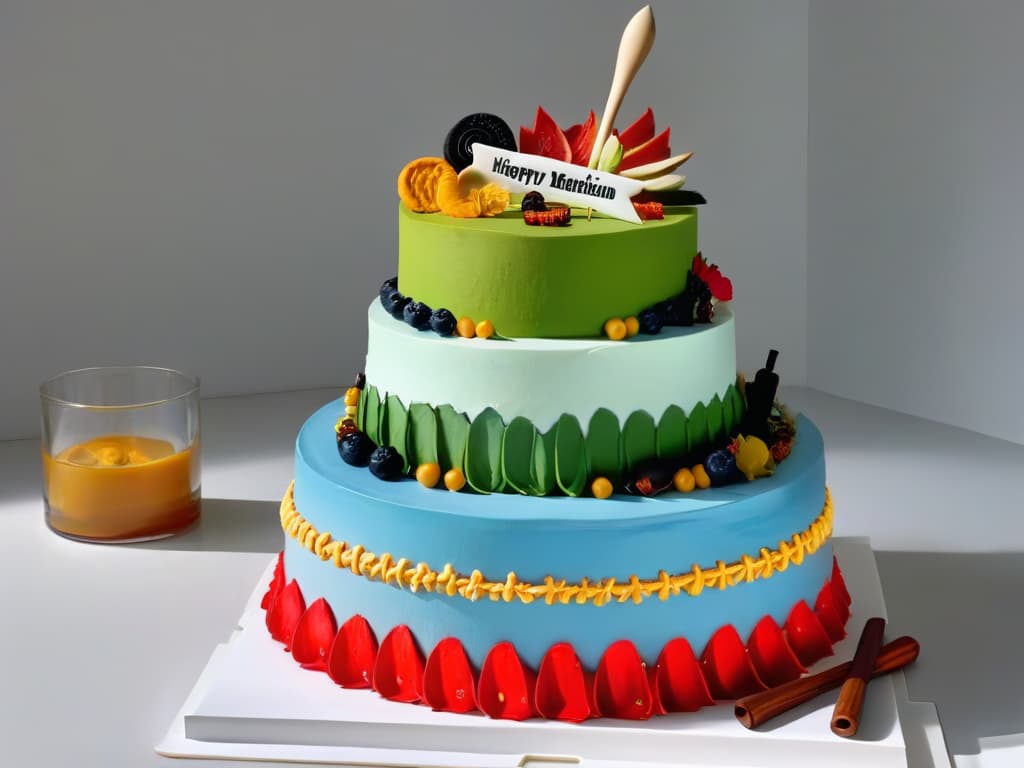  An intricately designed cake showcasing a fusion of cultural elements, with layers representing different traditions and flavors. The cake is adorned with vibrant colors, intricate patterns, and unique ingredients symbolizing the blending of diverse culinary heritages. The backdrop features a mix of traditional kitchen tools from various cultures, hinting at the fusion of techniques in modern baking. The image exudes creativity, innovation, and the harmonious integration of different cultural influences in modern pastry making. hyperrealistic, full body, detailed clothing, highly detailed, cinematic lighting, stunningly beautiful, intricate, sharp focus, f/1. 8, 85mm, (centered image composition), (professionally color graded), ((bright soft diffused light)), volumetric fog, trending on instagram, trending on tumblr, HDR 4K, 8K