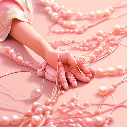  A large number of pearl strings on my hand, and at the bottom of my hand, there are scissors and an open spool of thread with a light pink and spring-like background in the photo.