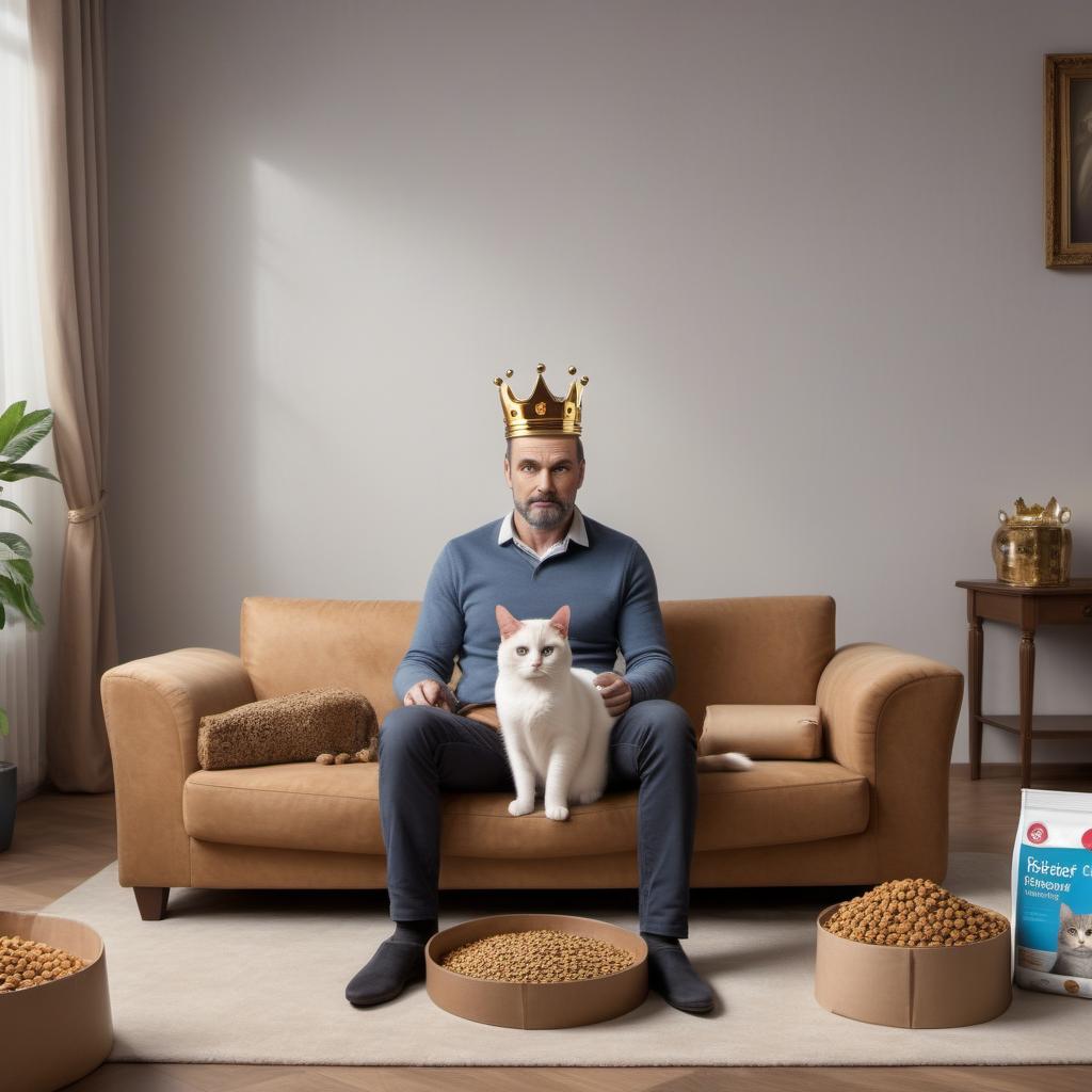  large room a man with a package of pet food stands in the center of the room and looks at a cat sitting on a sofa with a crown, photographic quality, 8 K.