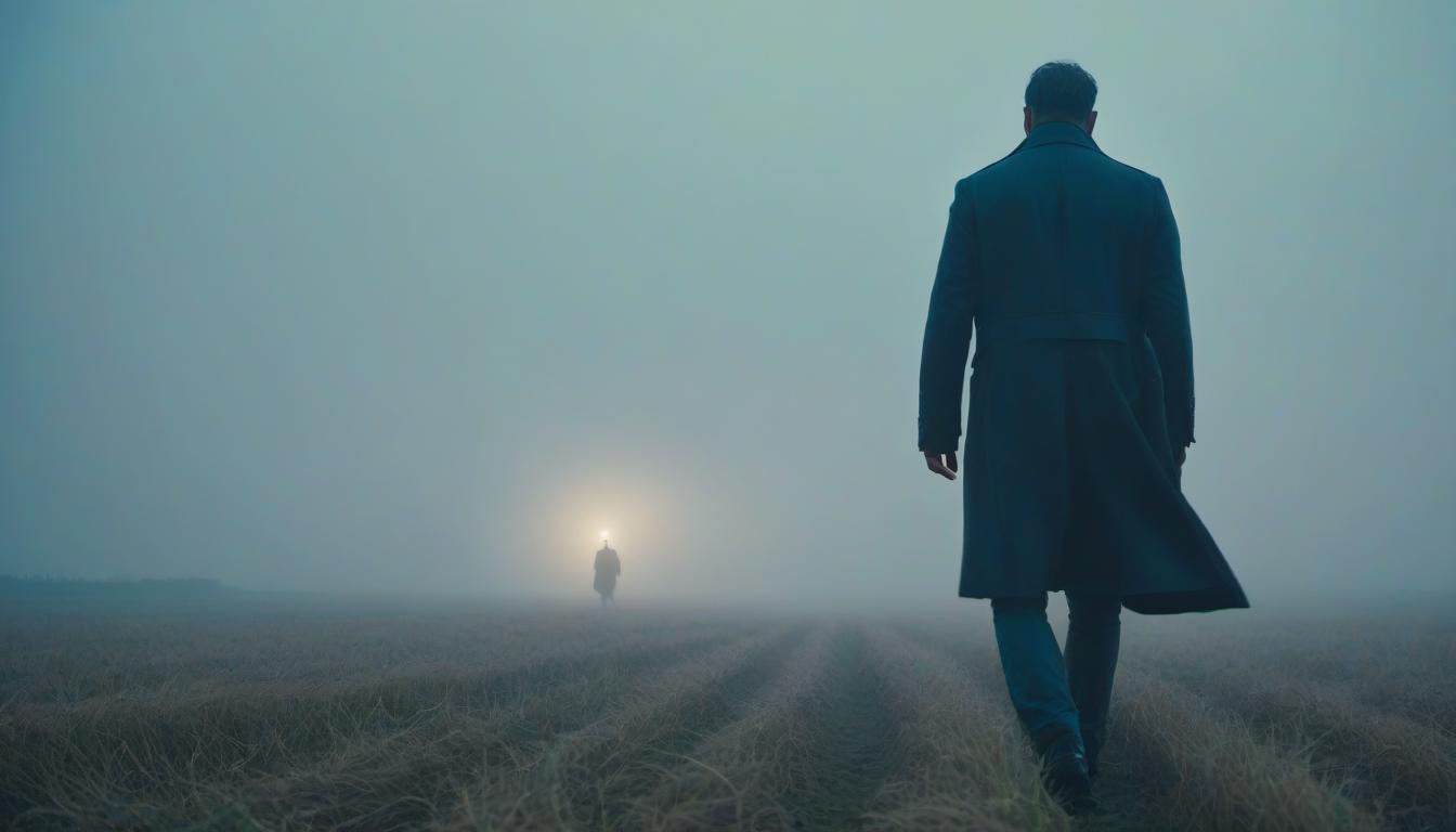  A man is walking across the field to go home. hyperrealistic, full body, detailed clothing, highly detailed, cinematic lighting, stunningly beautiful, intricate, sharp focus, f/1. 8, 85mm, (centered image composition), (professionally color graded), ((bright soft diffused light)), volumetric fog, trending on instagram, trending on tumblr, HDR 4K, 8K