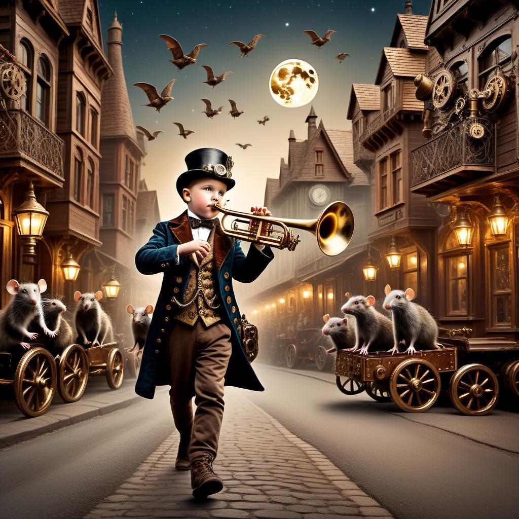  steampunk style (((man boy playing trumpet))) walking down the road playing the trumpet, a lot of rats in a string following the boy night moon lake, photo quality, 8K,lo . antique, mechanical, brass and copper tones, gears, intricate, detailed