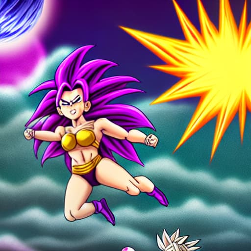  Dreamlike and surrealistic landscape in purple tones flying female super sayan with goku bikini