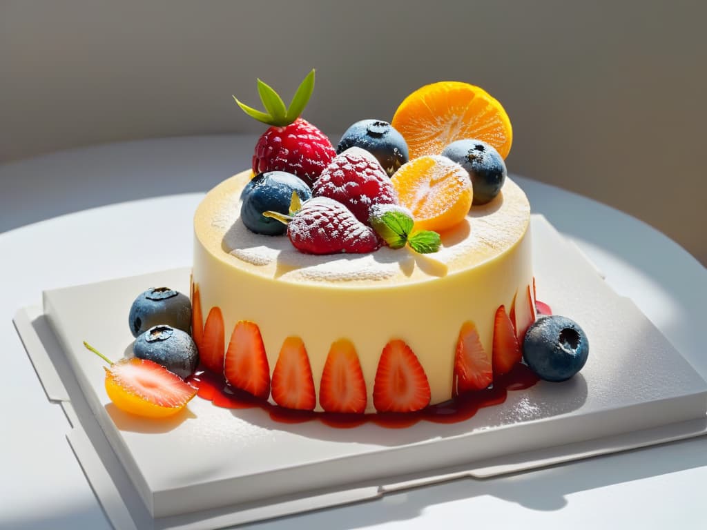  An ultradetailed photorealistic image of a sophisticated dessert presentation in a crystal clear glass, showcasing intricate layers of colorful fruits, creamy textures, and delicate garnishes. The dessert is artfully drizzled with a glossy sauce, and the background features a soft focus on a bustling pastry kitchen, capturing the essence of modern dessert trends and culinary craftsmanship. hyperrealistic, full body, detailed clothing, highly detailed, cinematic lighting, stunningly beautiful, intricate, sharp focus, f/1. 8, 85mm, (centered image composition), (professionally color graded), ((bright soft diffused light)), volumetric fog, trending on instagram, trending on tumblr, HDR 4K, 8K