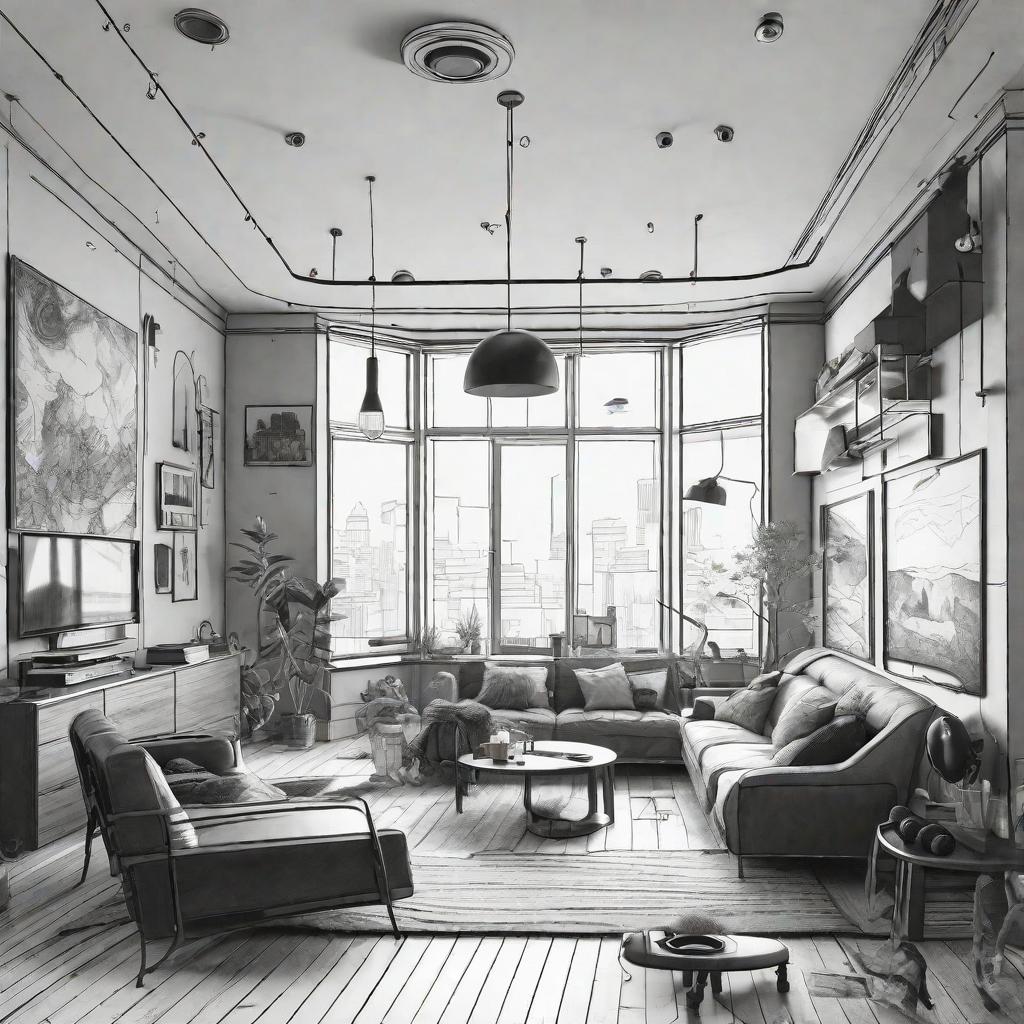  masterpiece, best quality, Best Quality, Masterpiece, 8k resolution,high resolution concept art of an apartment living room with floor to ceiling windotatoo, pencil drawing, simple lines, black and white, space helmet, headphones, listening to music, black holews and modern furniture