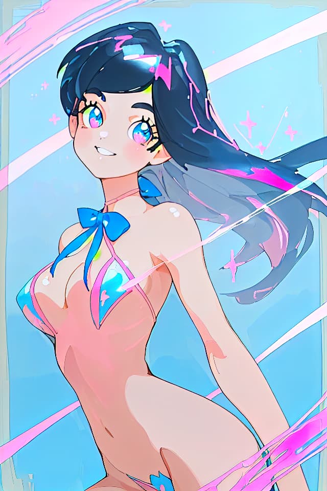  (((Masterpiece1.5))),(((Ultra detaile1.3))),(((top quality))),one girl,cute,(black glossy hair color),((delicate hair color)),ponytail,swaying hair,(((sparkling delicate ☆ eyes1.2))),happy smiling,(looking back),(((UPPERBODY))),(((swimsuit: blue and white colors,with ribbon))),(((perfect proportions1.5))),beach,palm,sheet of spray,(((painted with pink,blue and white colors))),(((super high quality))),8K