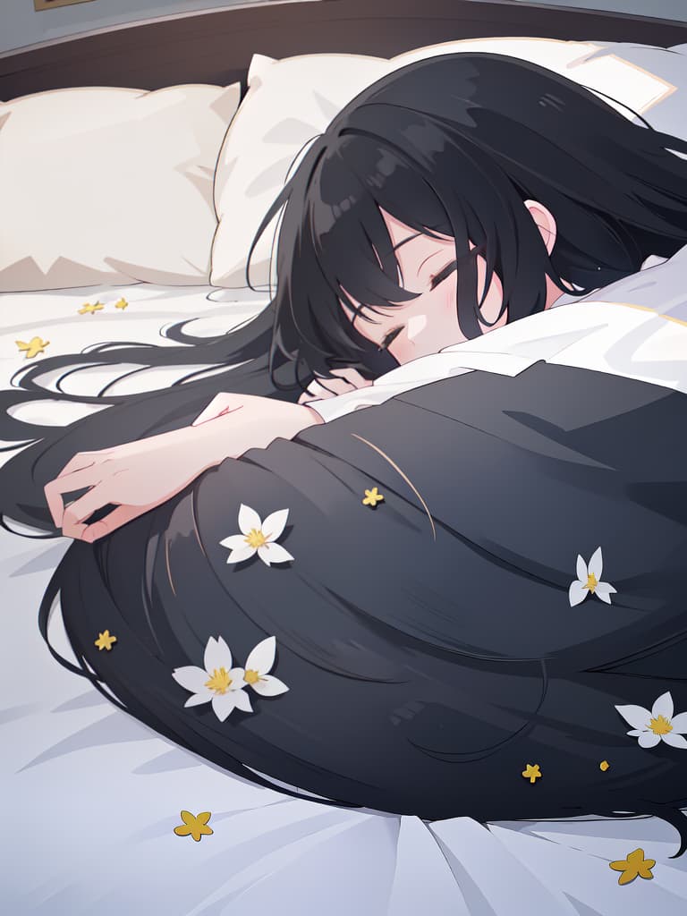  Girl, sleeping in bed, from the side, neighbor, black hair, masterpiece, best quality,8k,ultra detailed,high resolution,an extremely delicate and beautiful,hyper detail