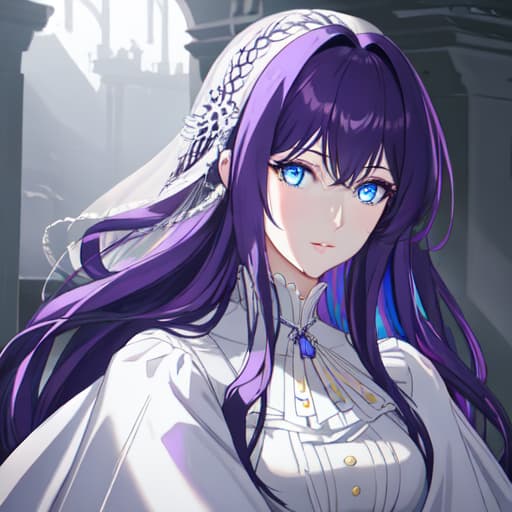  a girl manhua character with wayv purple hair and bright soft blue eyes with white skin wearing noble dress hyperrealistic, full body, detailed clothing, highly detailed, cinematic lighting, stunningly beautiful, intricate, sharp focus, f/1. 8, 85mm, (centered image composition), (professionally color graded), ((bright soft diffused light)), volumetric fog, trending on instagram, trending on tumblr, HDR 4K, 8K